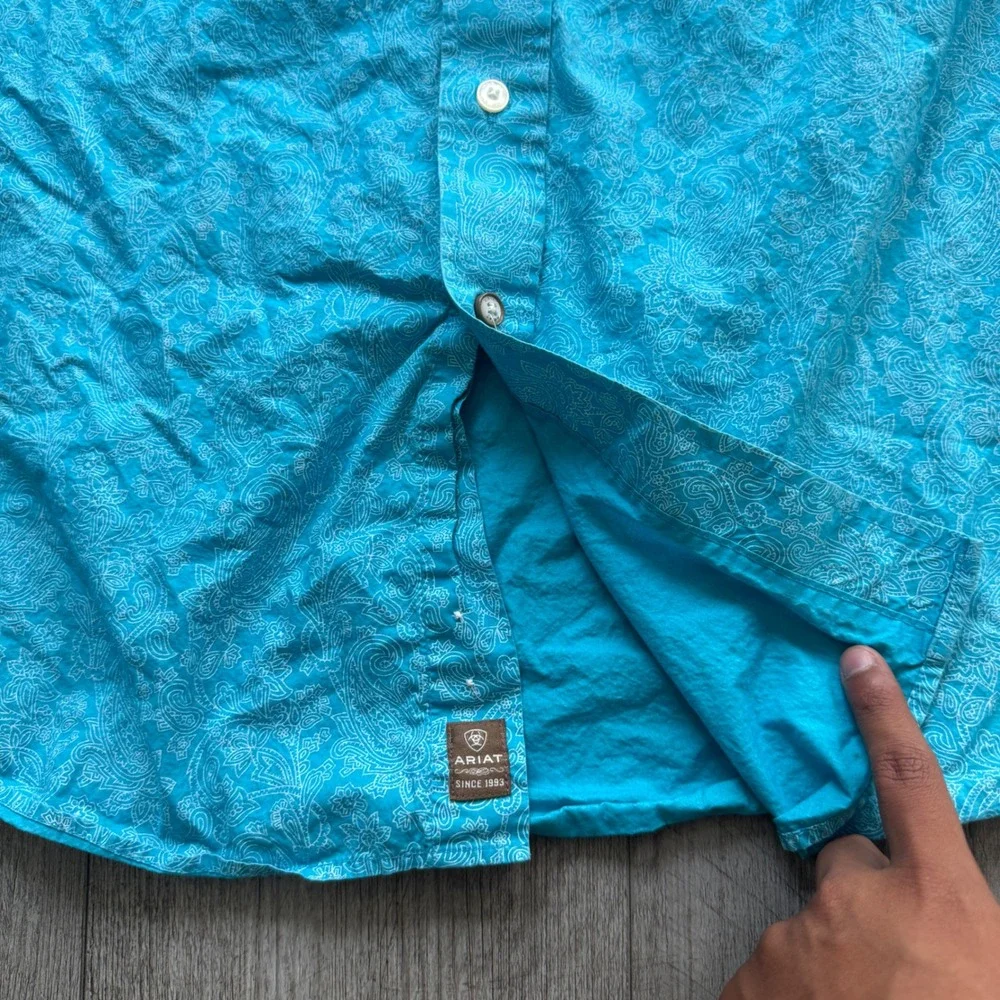 Ariat Mens XXL Turquoise Paisley Button Down Western Shirt Long Sleeve Vietnam